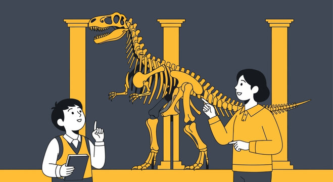 Enthusiastic Learning Boy And Teacher Examining Dinosaur Fossil Skeleton Display