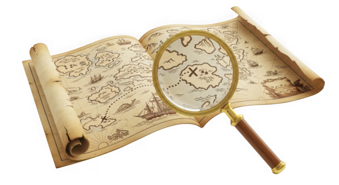 Magnifying glass over ancient treasure map with x marks the spot