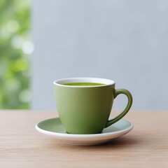 Obraz premium Green Tea in Elegant Cup on Wooden Table with Blurred Background