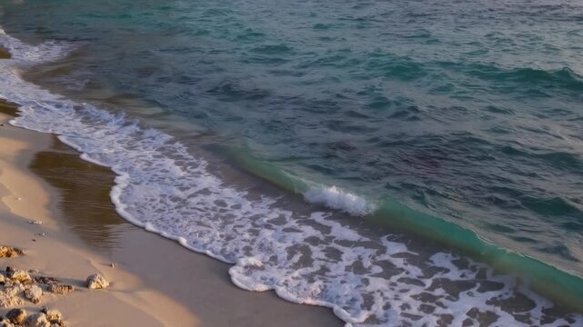 Tropical beach at sunset with palm trees and huts, captured from a low angle. Ideal for a serene travel video backdrop.