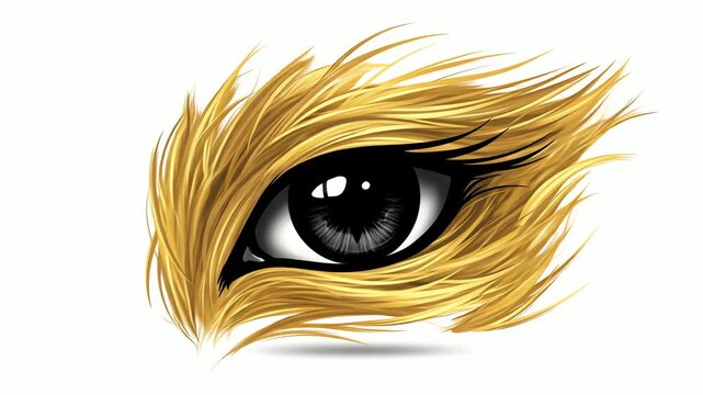 Close-up illustration of a golden eye with long eyelashes on white background