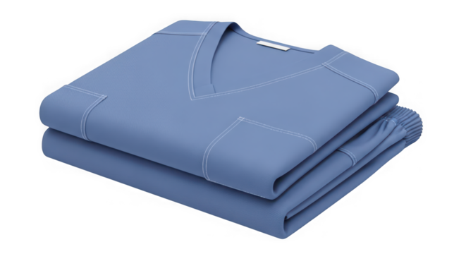 Neatly folded light blue v neck sweater and matching pants