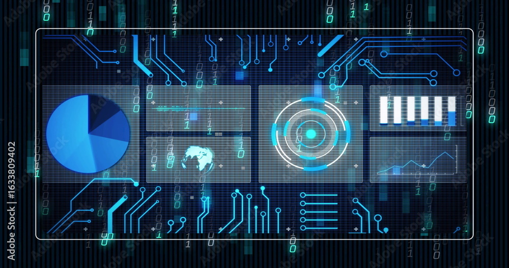 Poster rendering grid showing pie chart, world map, radar, bar, line charts, circuit traces, binary digits