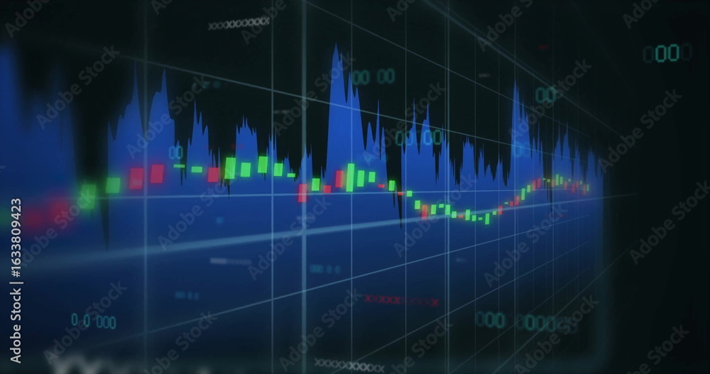 Aufkleber chart featuring green and red candlesticks and blue histogram on 3d grid in dashboard, with numbers