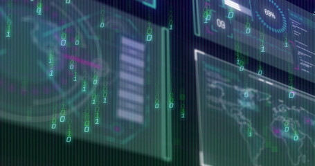 Holographic UI displaying translucent screens in panel, with charts map overlay and binary streams