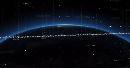 Displaying Earth horizon glowing blue in low orbit, with data points, dotted lines, numeric labels