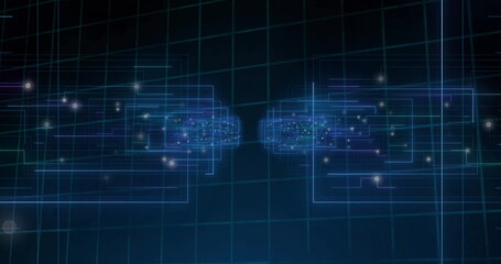 Fototapeta premium Displaying two symmetrical data clusters flowing in virtual network, with neon-blue circuit lines
