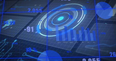 Holographic radial chart and bar graph floating in virtual grid, displaying numeric overlays