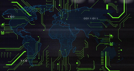 Displaying blue wireframe world map on virtual interface linking neon green circuits, binary digits