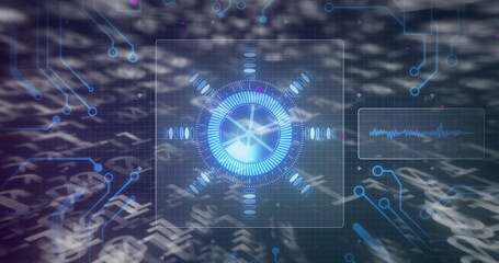 Floating circular interface showing overlay waveform, grid traces, symbols and arrows in circuitry