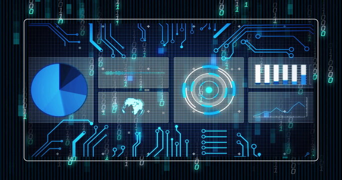 Rendering grid showing pie chart, world map, radar, bar, line charts, circuit traces, binary digits - Powered by Adobe