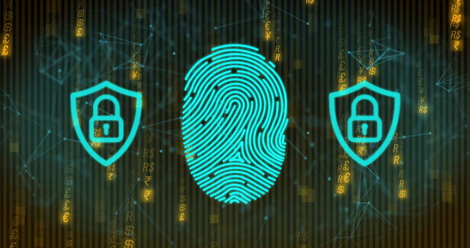 Displaying glowing cyan fingerprint at center in cyber network, shield padlocks and currency signs