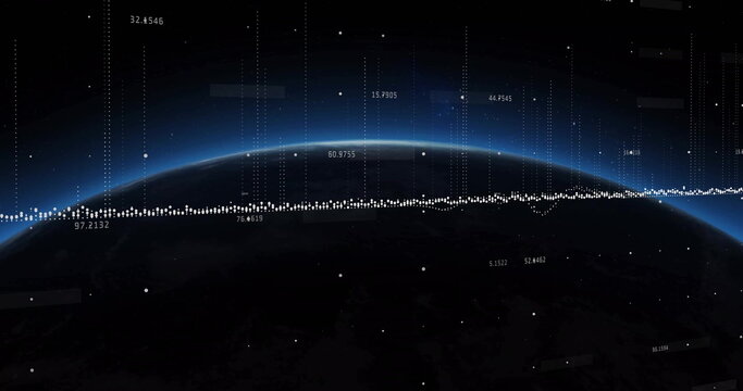 Naklejki Displaying Earth horizon glowing blue in low orbit, with data points, dotted lines, numeric labels