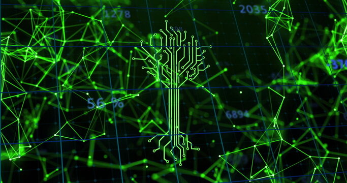 Pulsing neon-green circuit-tree glowing in digital grid, with node mesh network and numeric data