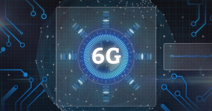 Projecting central '6G' interface pulsing radial bars and waveform panel in digital network grid - Powered by Adobe