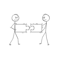 Hand-drawn stick figures holding puzzle pieces, symbolizing teamwork, collaboration, connection, and problem solving. Ideal for business, strategy, partnership, and creative concept visuals.