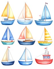 Nine watercolor sailboats and a tugboat, various colors and styles