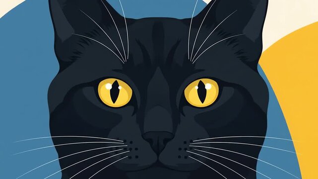 Close-up illustration of a black cat's face with yellow eyes against a colorful background