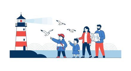Family Vacation Discovering Scenic Coastal Landmark Together With Their Children