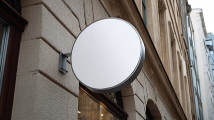Minimal white circular iron shop sign on the exterior wall of a hip downtown cafe or bookstore.