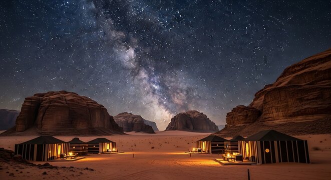 Desert night sky, Milky Way, and stars over luxury tents in a remote rocky landscape. Ideal for travel, adventure, and tranquility themes.