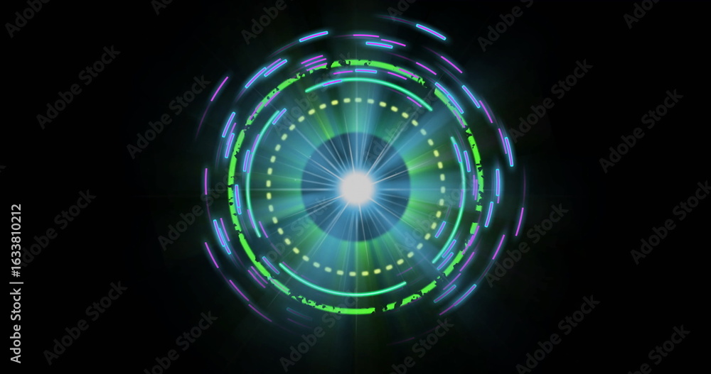 Poster pulsing digital interface rotating in cyber void, with concentric rings and light beams