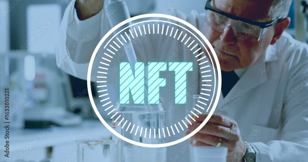 Poster pipetting scientist in lab coat and goggles at lab bench with micropipette and nft graphic
