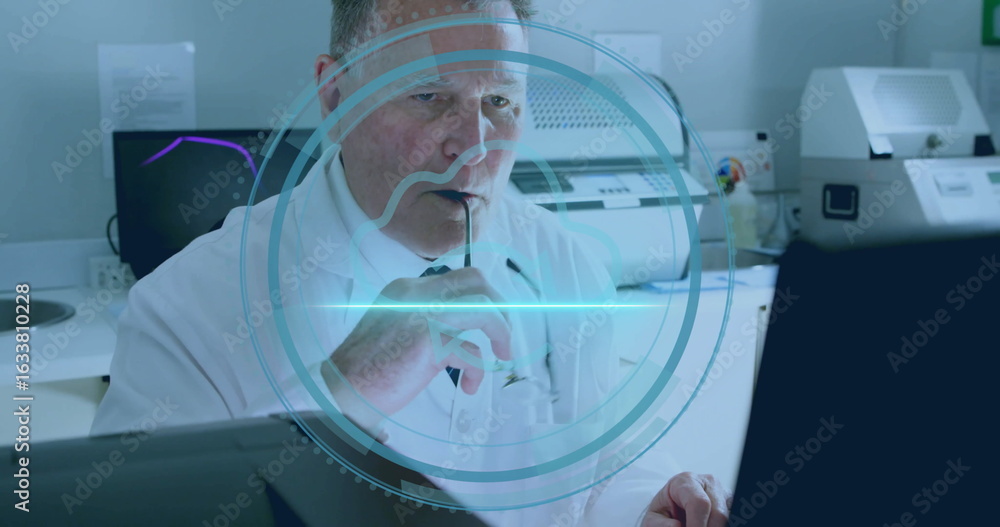 Poster studying scientist wearing coat and tie holding eyeglasses in lab with computer monitor and printer