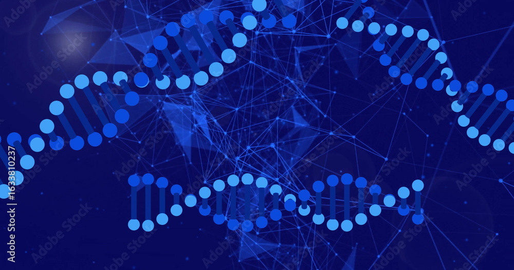 Poster displaying stylized dna helix weaving across blue network mesh shapes with nodes lines glowing orbs