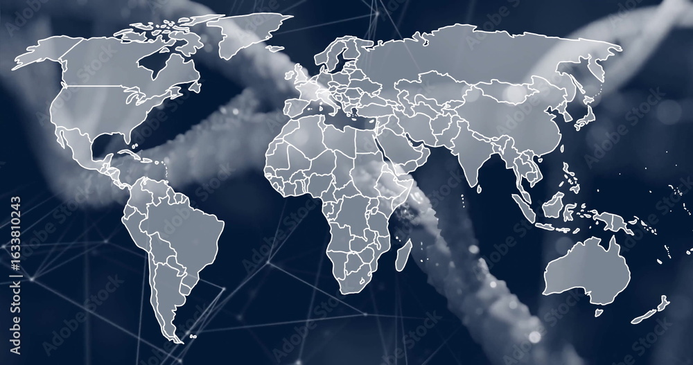 Poster displaying white map outline on digital interface, with blurred ropes, glowing network lines, nodes