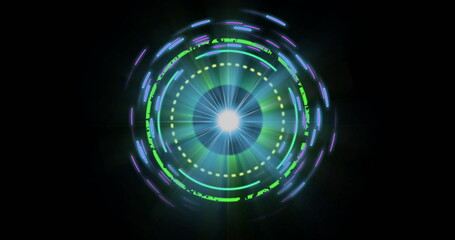 Pulsing digital interface rotating in cyber void, with concentric rings and light beams