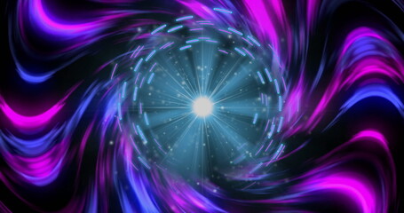 Abstract digital vortex swirling in dark void, with glowing orb, neon ribbons and dotted patterns
