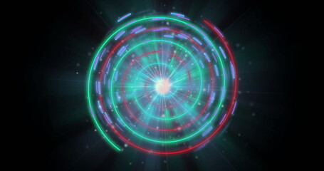Spiraling neon rings and dashes around glowing core in holographic display, emitting beams, dots