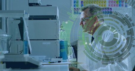 Scientist in lab coat analyzing instrument monitor with digital interface in lab, copy space