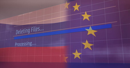 Displaying graphic on wall showing blue progress bar, grid red overlay, EU stars and deleting files