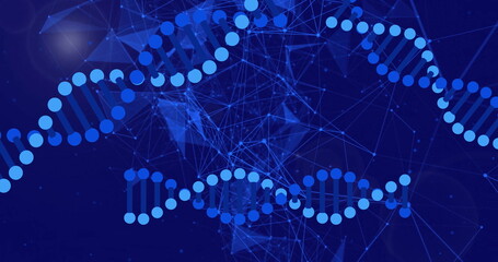 Displaying stylized DNA helix weaving across blue network mesh shapes with nodes lines glowing orbs