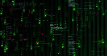 Central C++ code snippet glowing in dark matrix, with green streams, binary digits and katakana