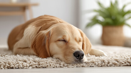Adorable Sleeping Labrador Retriever Puppy on Cozy Rug in Bright Home Environment