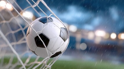 Soccer ball splashing through net during rainy game, highlighting dramatic stadium moment blurred with backdrop