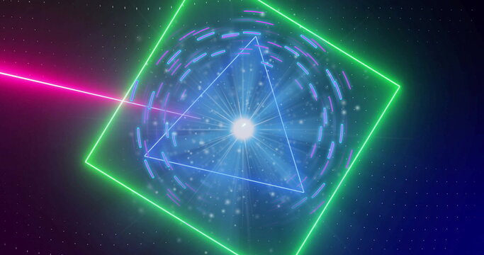 Emitting orb radiating blue rays via concentric circles in cyberspace with neon shapes magenta beam