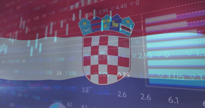 Naklejki Displaying translucent Croatian flag waving over trading screen, with coat of arms and trading data