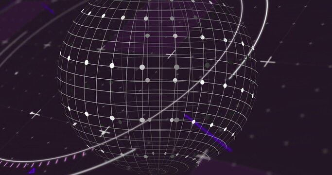 Rotating 3D wireframe sphere in digital interface with grid lines, circular nodes and orbital rings - Powered by Adobe