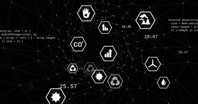 Showing code and values over dark grid with hexagonal icons depicting recycling CO2 and other stats