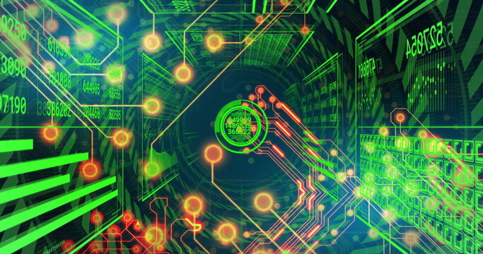 Emitting neon green code, data hub glowing inside virtual numeric panel tunnel, with orange nodes