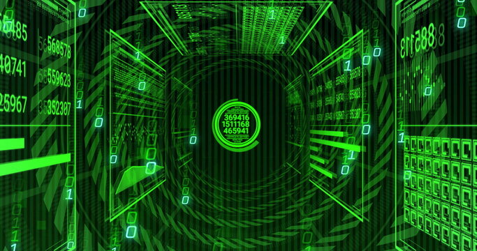 Circular display showing numeric values in tunnel, with binary code streams and holographic screens