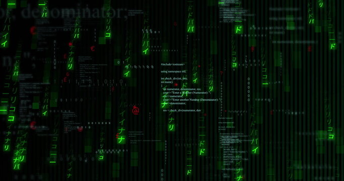 Central C++ code snippet glowing in dark matrix, with green streams, binary digits and katakana - Powered by Adobe