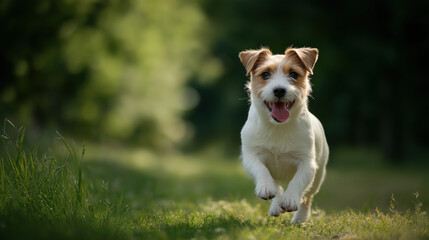 Playful Jack Russell Terrier Running in a Lush Green Park on a Sunny Day, Adorable Pet in Motion