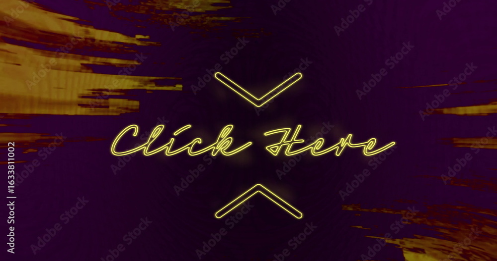 Poster showing central neon element glowing with yellow neon click here text and arrows on digital screen