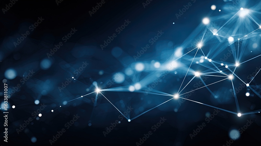 Aufkleber blue glowing neural mesh network with light particles on dark background for ai connectivity, data s