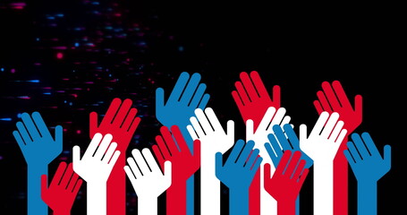 Showing multiple red white blue hands reaching upward in dark digital background, with pixel noise